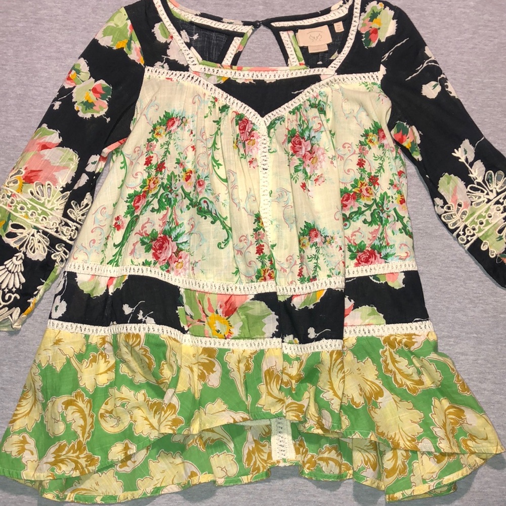 Vanessa Virginia Boho Floral Print Block Blouse
